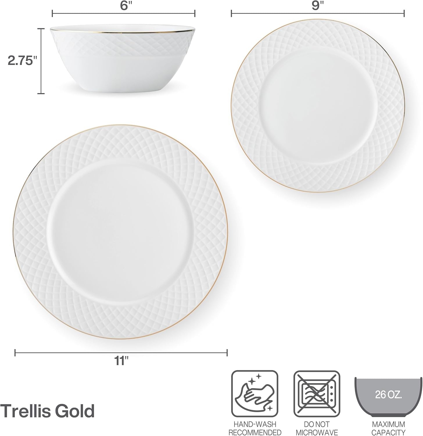 Mikasa Trellis Gold Rim Bone China Lightweight Chip Resistant 12 Piece Dinnerware Set, Service for 4 - view 3