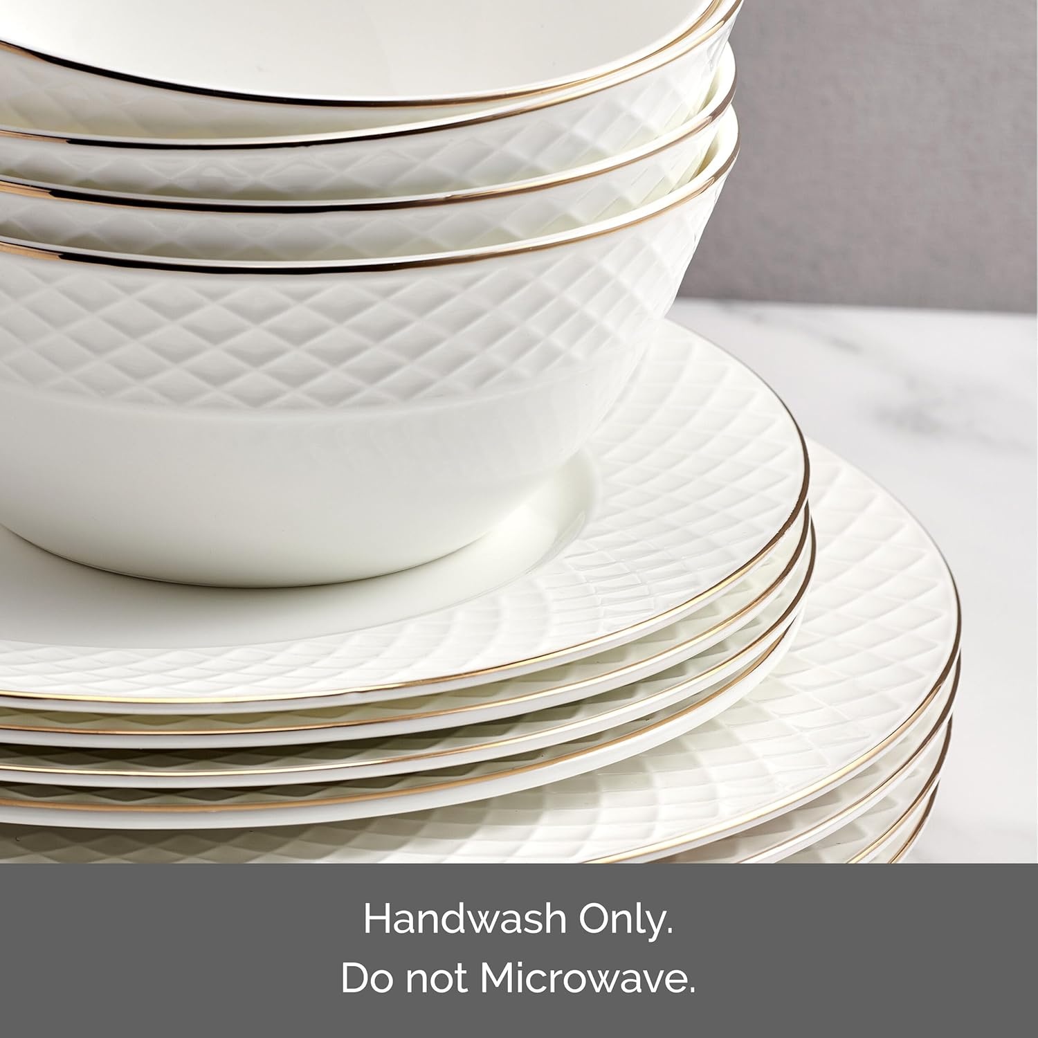 Mikasa Trellis Gold Rim Bone China Lightweight Chip Resistant 12 Piece Dinnerware Set, Service for 4 - view 4