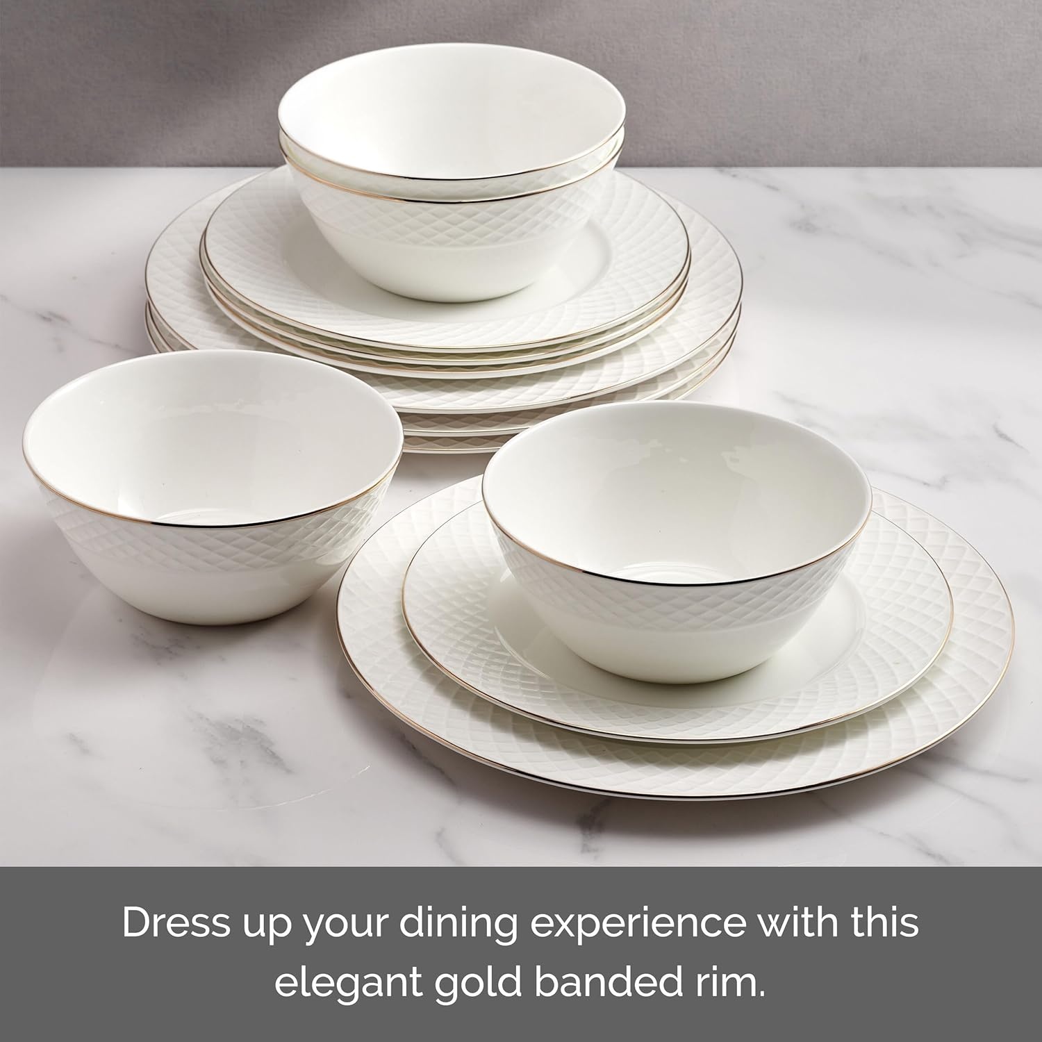 Mikasa Trellis Gold Rim Bone China Lightweight Chip Resistant 12 Piece Dinnerware Set, Service for 4 - view 5