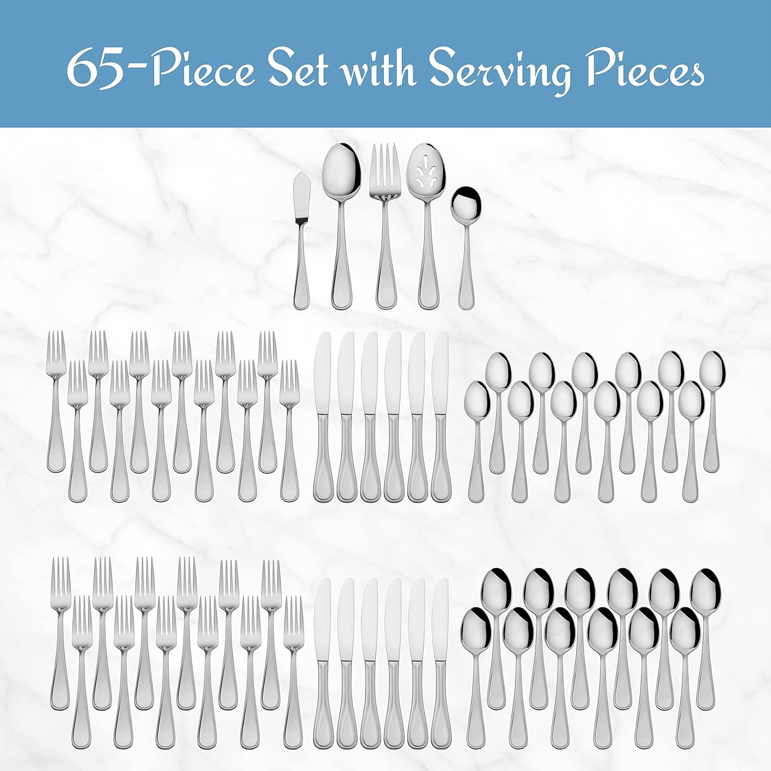 Mikasa Bravo 18/10 Stainless Steel 6-Piece Serving Set – Serving Spoons, Fork, Pie Server, Gravy Ladle – Polished Silverware Flatware Serveware(65 Piece Set)